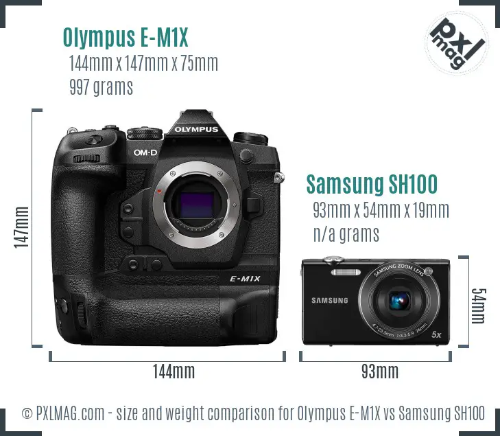 Olympus E-M1X vs Samsung SH100 size comparison