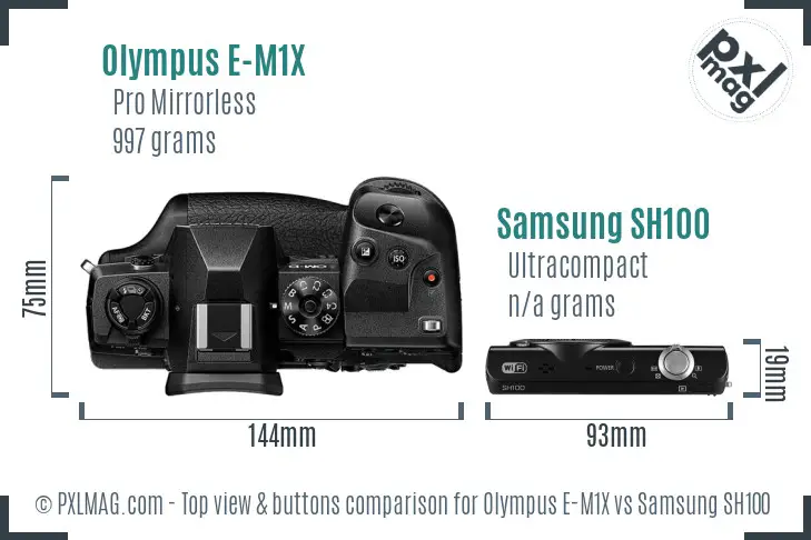 Olympus E-M1X vs Samsung SH100 top view buttons comparison