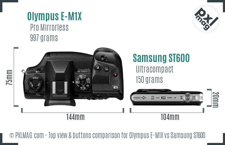 Olympus E-M1X vs Samsung ST600 top view buttons comparison