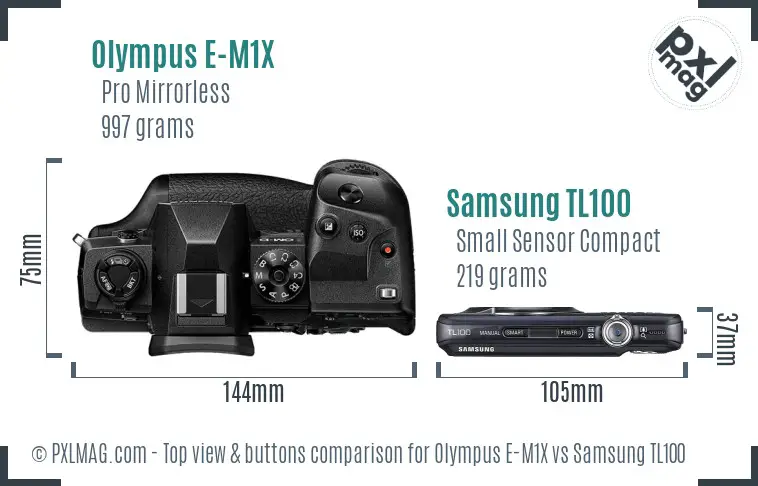 Olympus E-M1X vs Samsung TL100 top view buttons comparison Olympus E-M1X vs Samsung TL100 top view buttons comparison