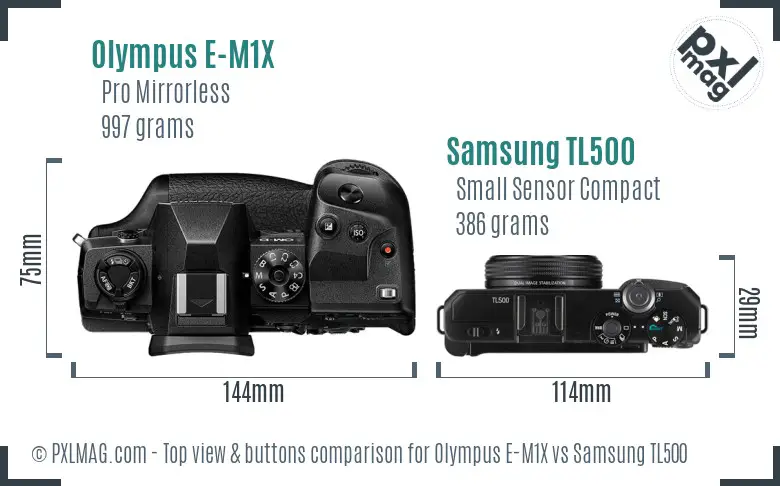 Olympus E-M1X vs Samsung TL500 top view buttons comparison Olympus E-M1X vs Samsung TL500 top view buttons comparison