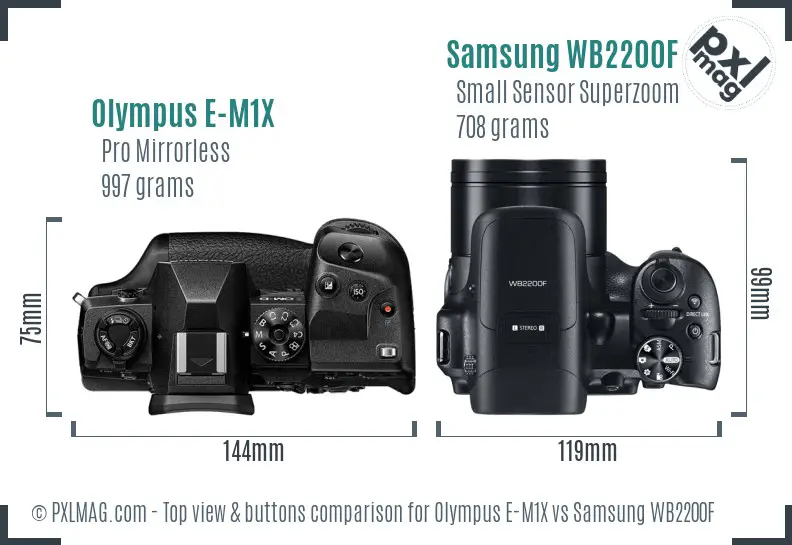 Olympus E-M1X vs Samsung WB2200F top view buttons comparison Olympus E-M1X vs Samsung WB2200F top view buttons comparison