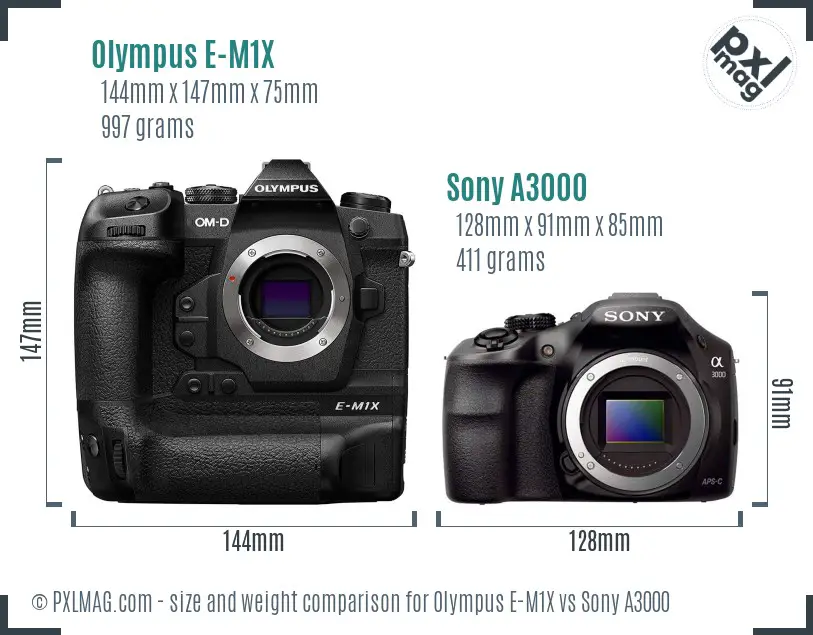 Olympus E-M1X vs Sony A3000 size comparison
