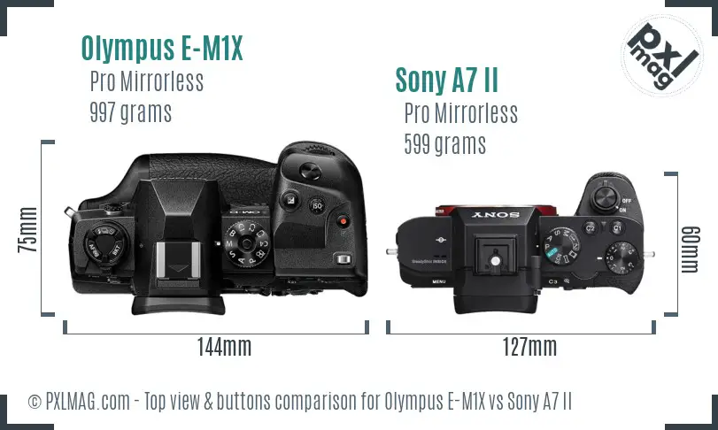 Olympus E-M1X vs Sony A7 II top view buttons comparison