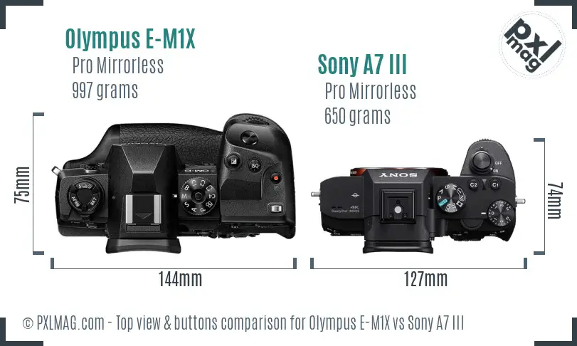 Olympus E-M1X vs Sony A7 III top view buttons comparison