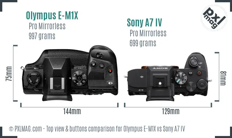 Olympus E-M1X vs Sony A7 IV top view buttons comparison