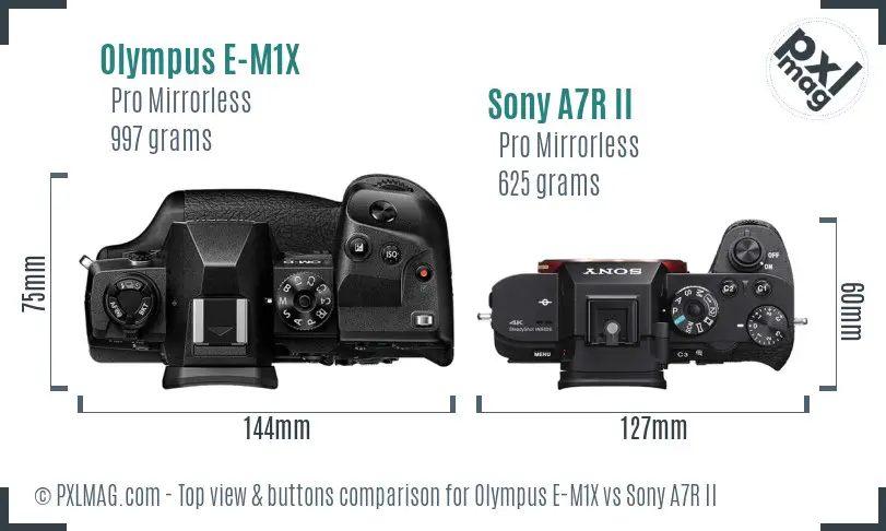 Olympus E-M1X vs Sony A7R II top view buttons comparison