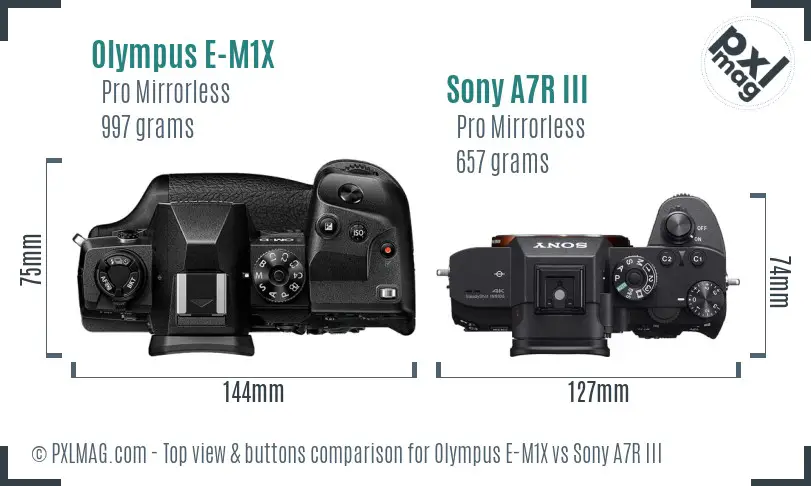 Olympus E-M1X vs Sony A7R III top view buttons comparison
