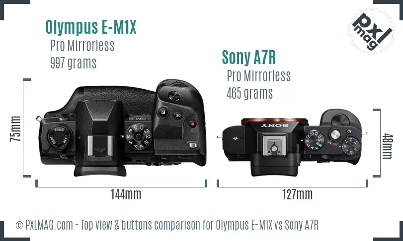 Olympus E-M1X vs Sony A7R top view buttons comparison