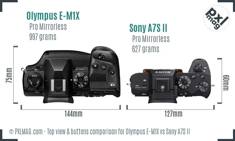 Olympus E-M1X vs Sony A7S II top view buttons comparison