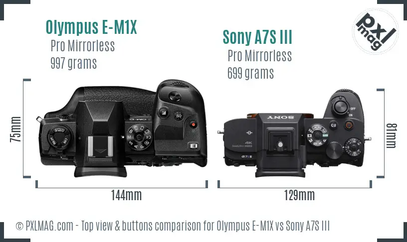 Olympus E-M1X vs Sony A7S III top view buttons comparison