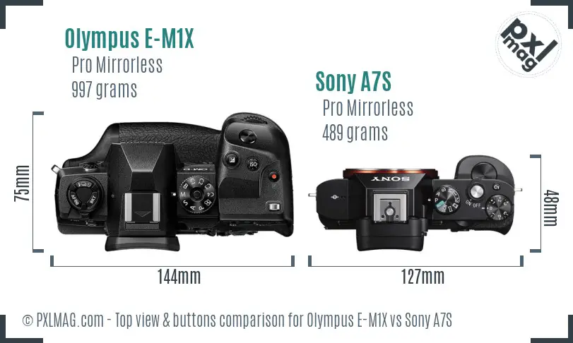 Olympus E-M1X vs Sony A7S top view buttons comparison