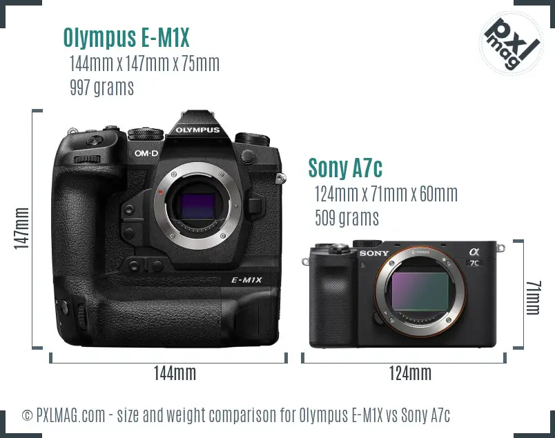 Olympus E-M1X vs Sony A7c size comparison
