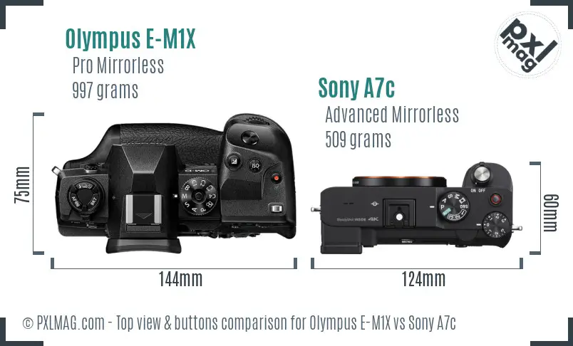 Olympus E-M1X vs Sony A7c top view buttons comparison