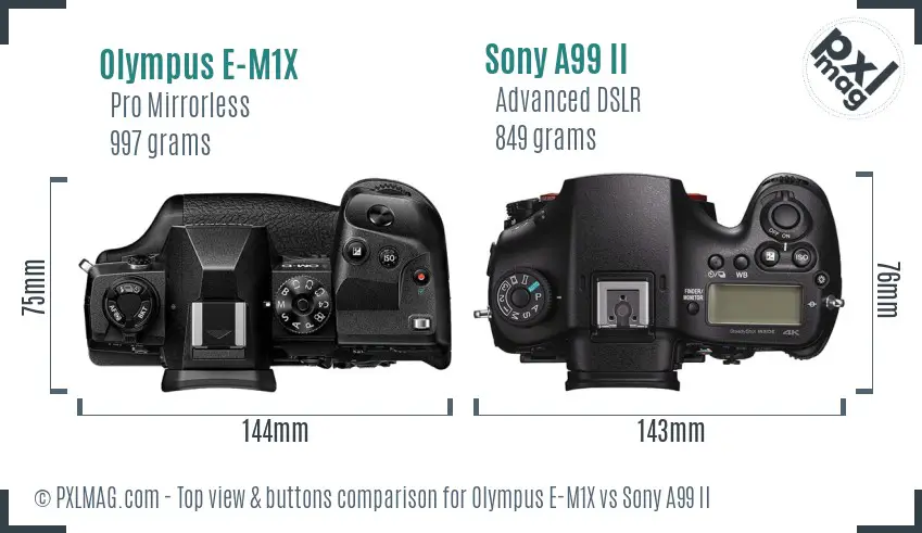 Olympus E-M1X vs Sony A99 II top view buttons comparison