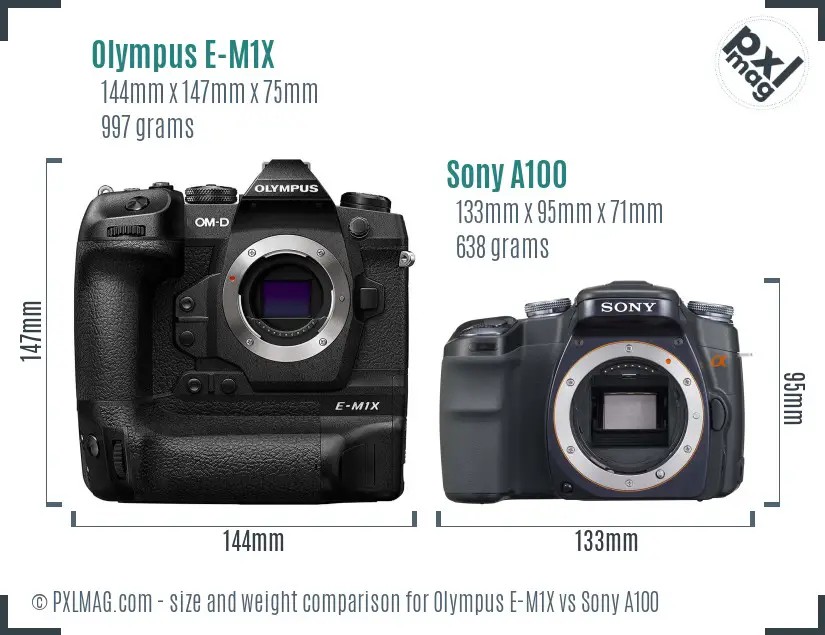 Olympus E-M1X vs Sony A100 size comparison