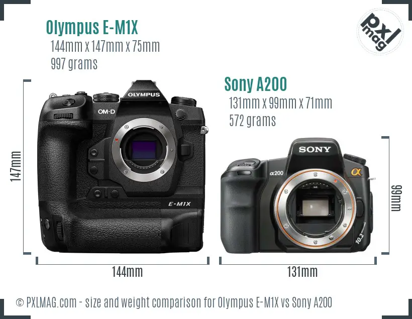 Olympus E-M1X vs Sony A200 size comparison