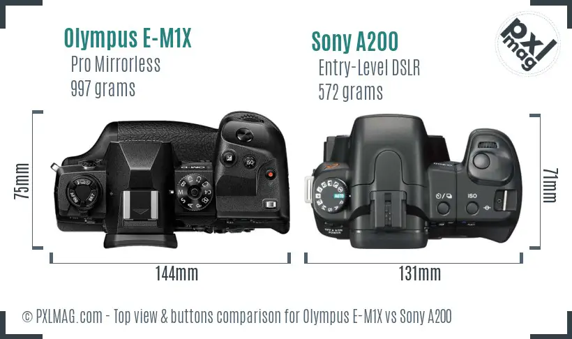 Olympus E-M1X vs Sony A200 top view buttons comparison