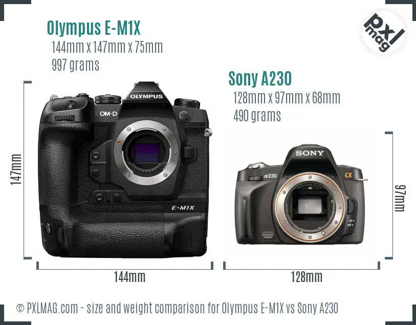 Olympus E-M1X vs Sony A230 size comparison