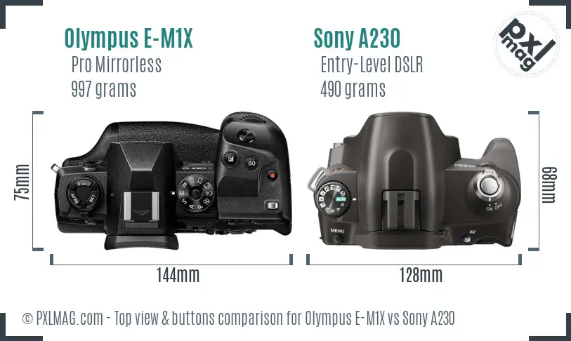 Olympus E-M1X vs Sony A230 top view buttons comparison