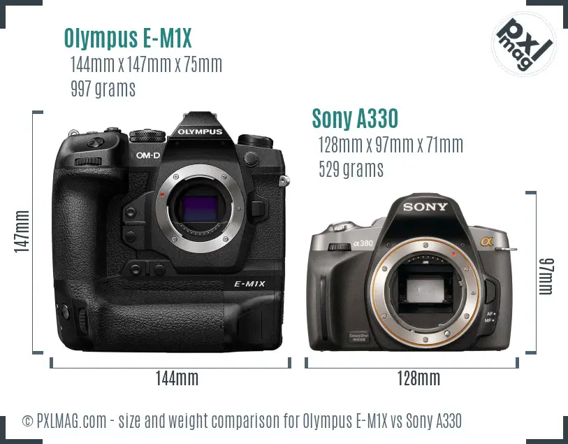 Olympus E-M1X vs Sony A330 size comparison