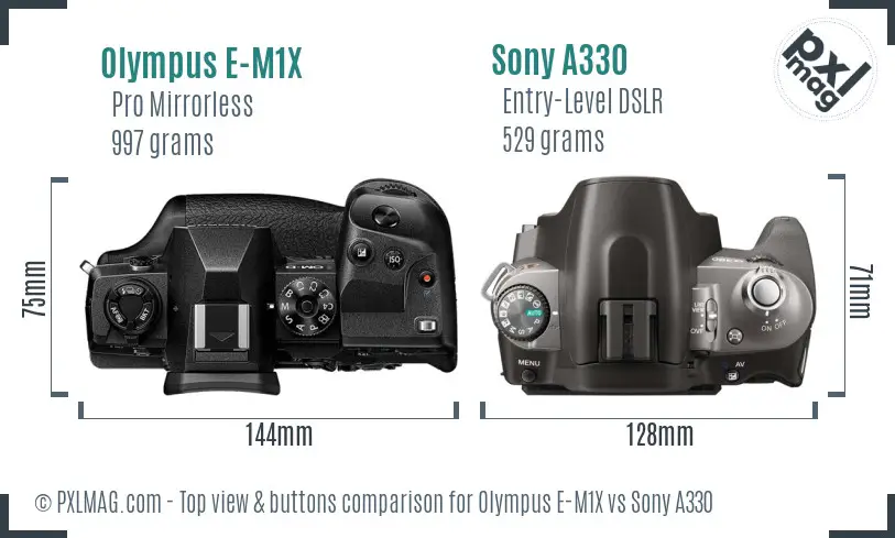 Olympus E-M1X vs Sony A330 top view buttons comparison