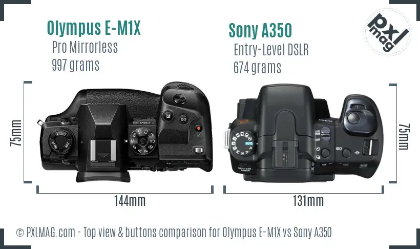 Olympus E-M1X vs Sony A350 top view buttons comparison