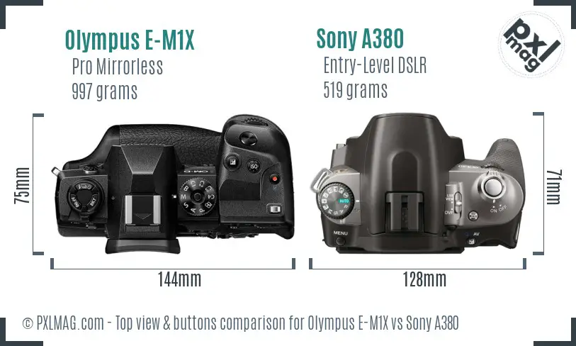 Olympus E-M1X vs Sony A380 top view buttons comparison