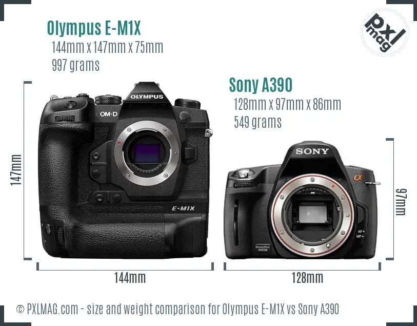 Olympus E-M1X vs Sony A390 size comparison