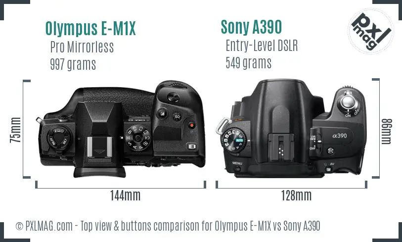 Olympus E-M1X vs Sony A390 top view buttons comparison