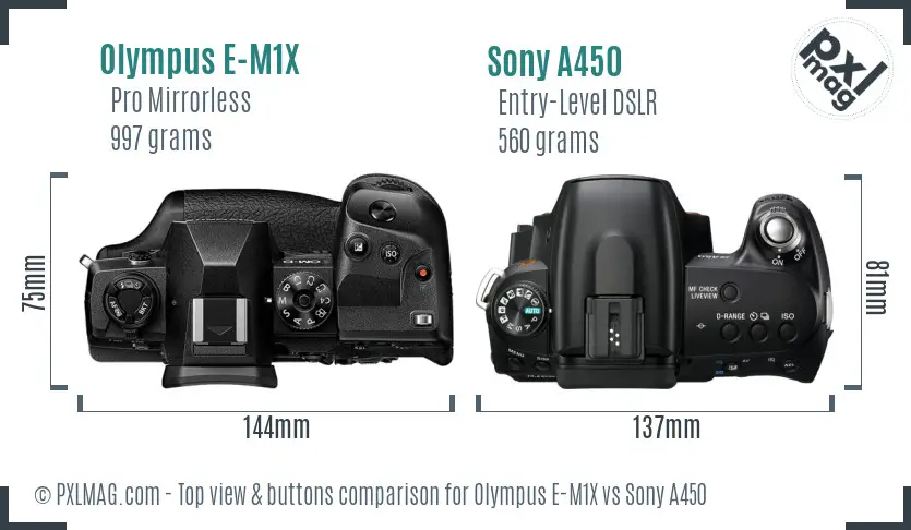 Olympus E-M1X vs Sony A450 top view buttons comparison