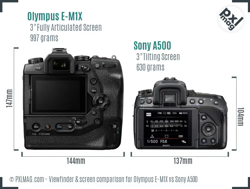 Olympus E-M1X vs Sony A500 Screen and Viewfinder comparison