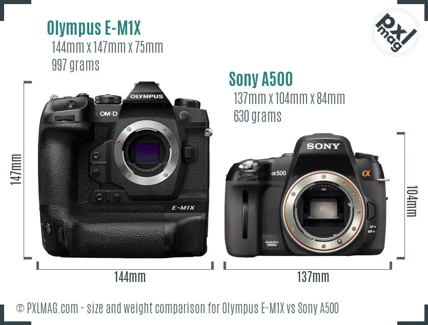 Olympus E-M1X vs Sony A500 size comparison