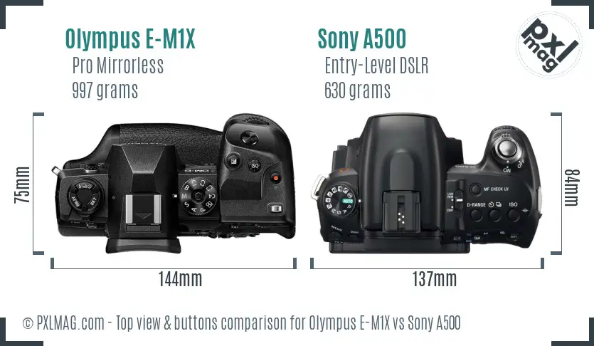 Olympus E-M1X vs Sony A500 top view buttons comparison