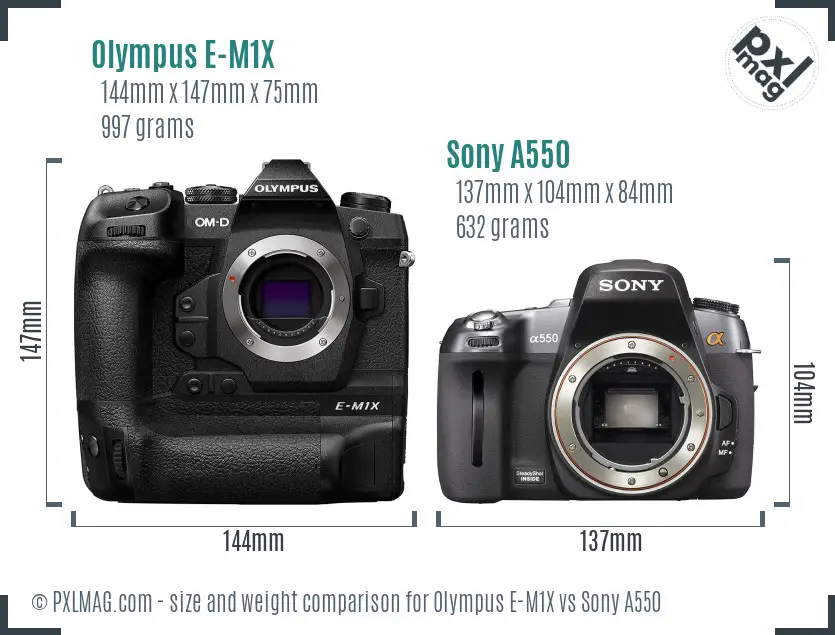 Olympus E-M1X vs Sony A550 size comparison