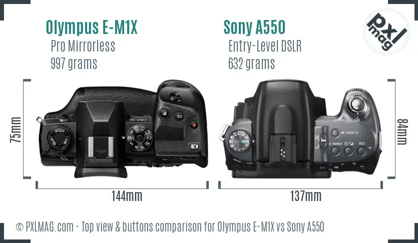 Olympus E-M1X vs Sony A550 top view buttons comparison