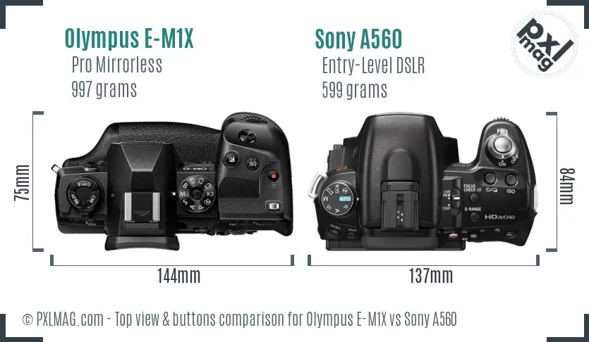 Olympus E-M1X vs Sony A560 top view buttons comparison