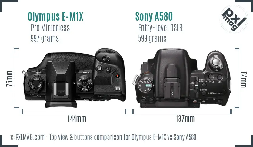 Olympus E-M1X vs Sony A580 top view buttons comparison