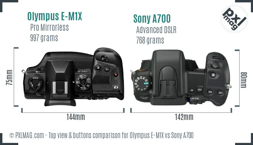Olympus E-M1X vs Sony A700 top view buttons comparison