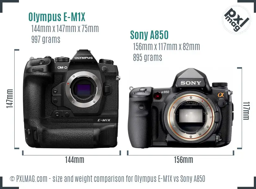 Olympus E-M1X vs Sony A850 size comparison