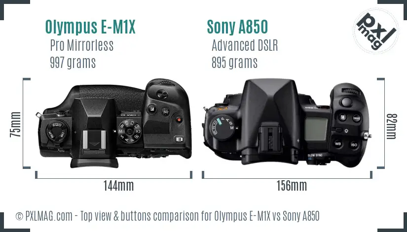 Olympus E-M1X vs Sony A850 top view buttons comparison