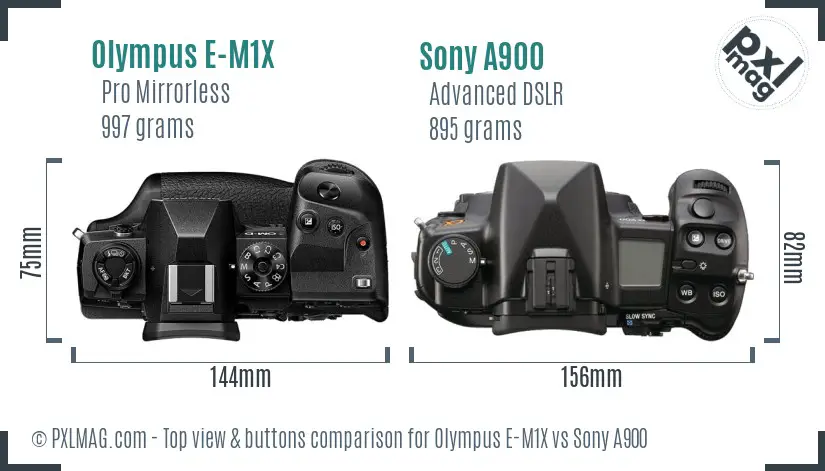 Olympus E-M1X vs Sony A900 top view buttons comparison
