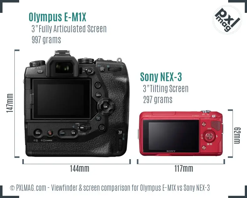 Olympus E-M1X vs Sony NEX-3 Screen and Viewfinder comparison