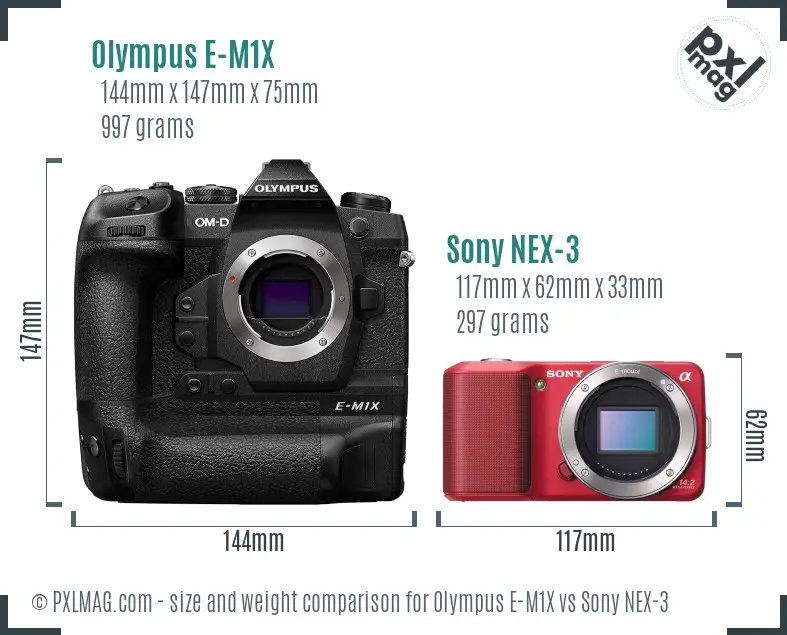 Olympus E-M1X vs Sony NEX-3 size comparison