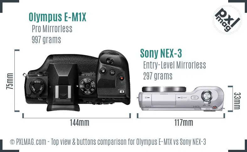 Olympus E-M1X vs Sony NEX-3 top view buttons comparison