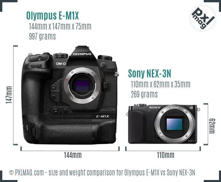 Olympus E-M1X vs Sony NEX-3N size comparison