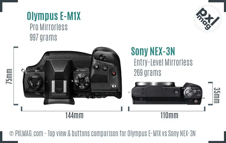 Olympus E-M1X vs Sony NEX-3N top view buttons comparison