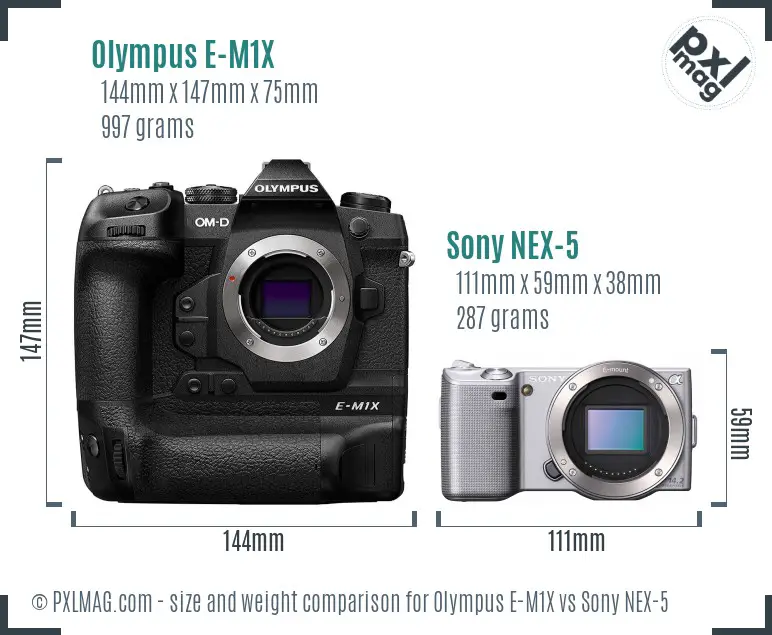 Olympus E-M1X vs Sony NEX-5 size comparison