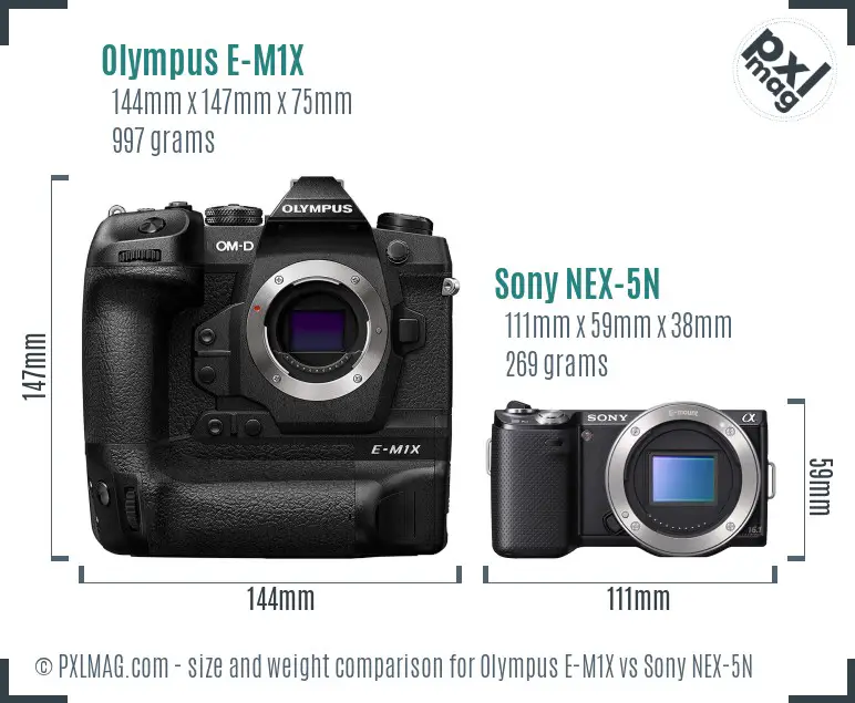 Olympus E-M1X vs Sony NEX-5N size comparison