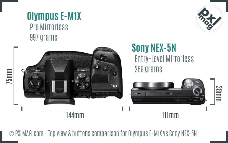 Olympus E-M1X vs Sony NEX-5N top view buttons comparison